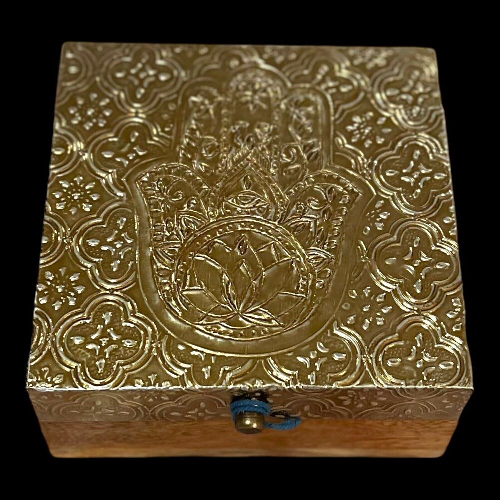 Middle Eastern Hamsa Trinket Jewelry Storage Box Wood Brass Power Strength